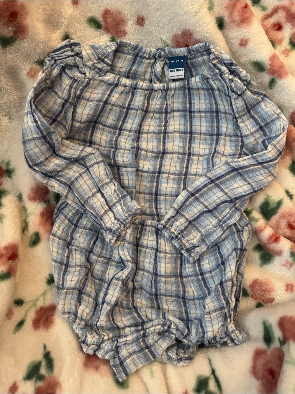 Old Navy Light Blue and White Plaid Baby Romper